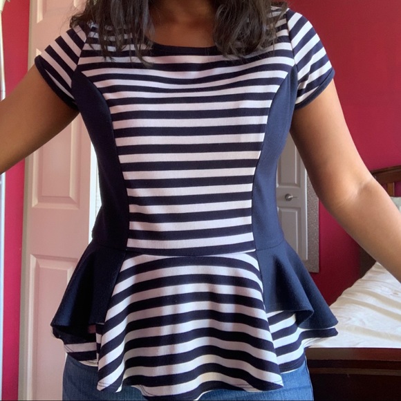 Tops - Blue and White Striped Peplum Top